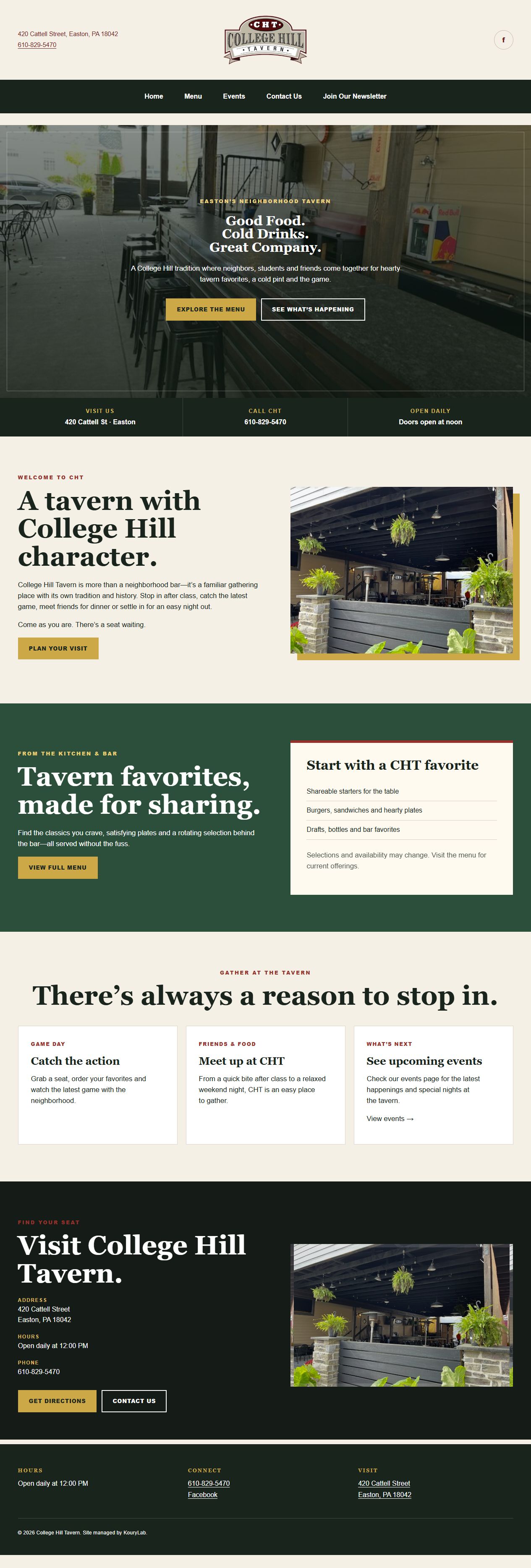 Homepage of the College Hill Tavern website